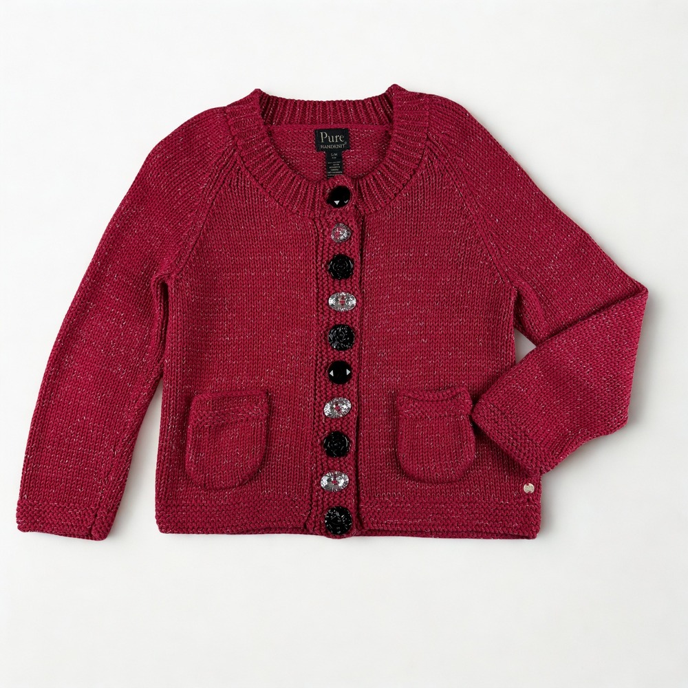 Vintage Cardigan Sweater Womens S/M Fuchsia Pure Handknit Sparkle Holiday Winter